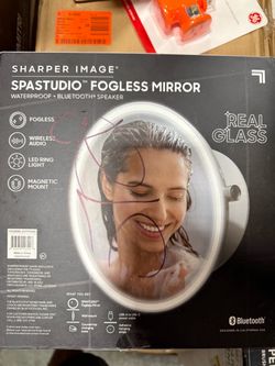 SHARPER IMAGE 9 in. W x 10 in. H Round Frameless Magnetic Wall Mount Bathroom Vanity Mirror with Speaker