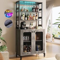 Bar Cabinet with Power Outlets, 67" Tall Wine Bar Cabinet Liquor Cabinet with LED Lights and Glass Holder, Coffee Bar Station for Living Roo