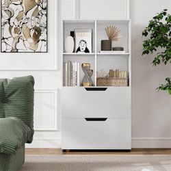 New Modern Costway 51” Tall White Wooden 5-Shelf 4-Cube Bookcase Dresser with 2 Drawers