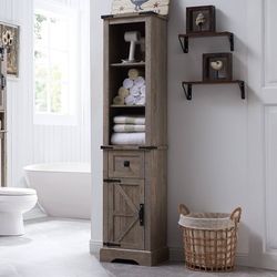 Bathroom Storage Cabinet, Farmhouse Storage Cabinet with Adjustable Shelves & Drawer, Tall Linen Tower for Bathroom, Living Room, Light Rust