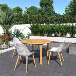 *BRAND NEW* 5 Piece Round Patio Dining Set - Outdoor Table And Chair Furniture - Teak Finish & Recycled Plastic White