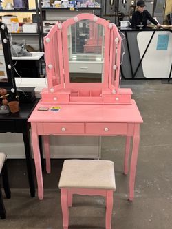 Pink Vanity Makeup Table Set with Mirror & Stool