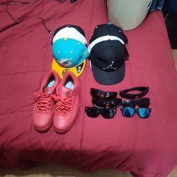 Jordan 2 All Red Size 9.5,New Era And Regular Hats, Sunglasses 