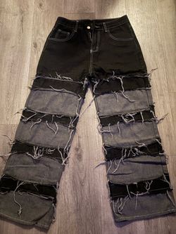 Distressed Frayed Denim Jeans Wide Leg