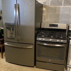 GE Refrigerator And Gas Stove. Matte Stainless Steel Set 