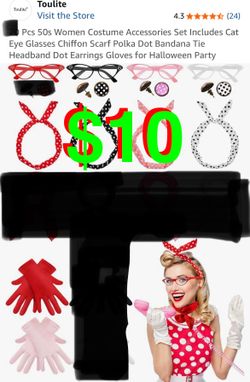 16 Pcs 50s Women Costume Accessories Set Includes Cat Eye Glasses Chiffon Scarf Polka Dot Bandana Tie Headband Dot Earrings Gloves for Halloween Party