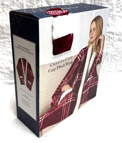 New Charter Club 50" x 70" Red Garnet Plaid Plush Wrap Faux Fur Collar & Pockets