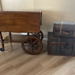 Vintage Drop Leaf Cart And 2 Storage Trunks 