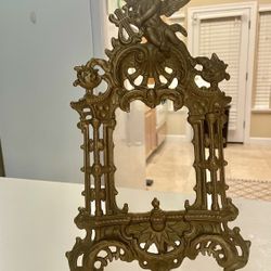 VICTORIAN Cherub, Standing Dresser Frame/Mirror, Gold Paint, Cast Iron Metal  7 1/2 x 13 in.   Price Is FIRM