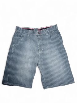Y2K Tommy Hilfiger Baggy Jeans Striped Denim Shorts 34 Baggy Jorts Railroad Stripe Carpenter JNCO Style