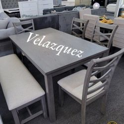 ✅️✅️ 6 pc grey finish wood dining table set padded seat  chairs and bench ✅️ 