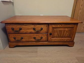 Oak Wood Coffee Table with Drawers and Cabinet