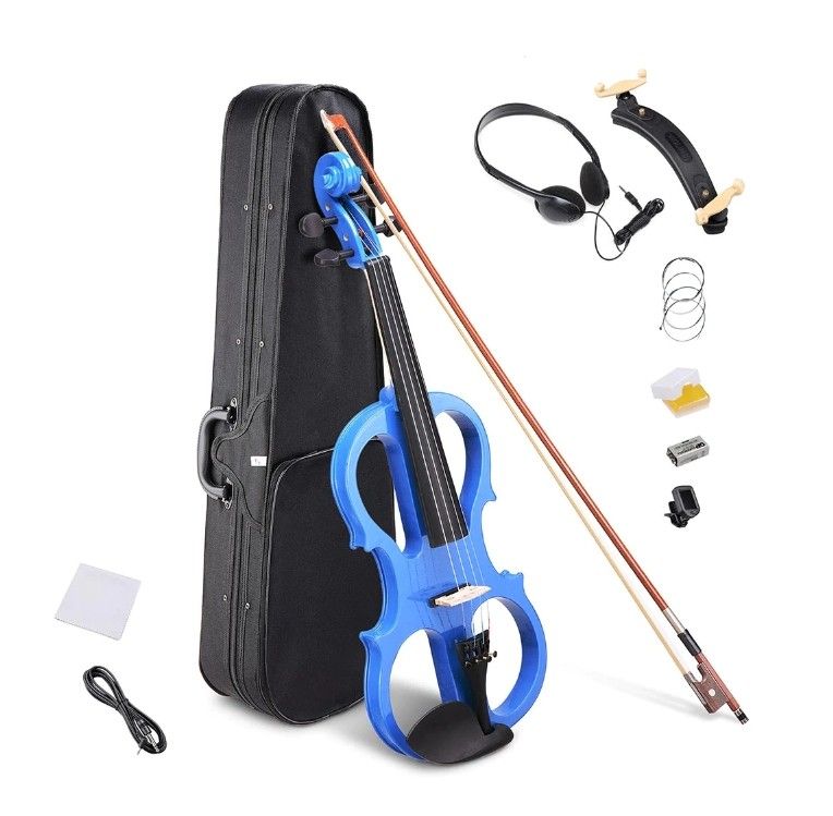 4/4 Full Size Electric Violin Bow Headphone Case Set in Blue Color - Music Instrument - Spring Sale