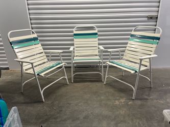 3x Vintage SPC Folding Lawn Chairs Set 3 Vinyl Strap Aluminum Patio Beach Chairs Retro Mid Century Off White Teal Mint Green Tubular Metal Lightweight