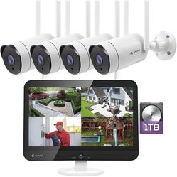 Kittyhok 10CH Wireless Security Camera System Outdoor with Monitor | 4pcs 2K Security Cameras Outdoor with Person Detection, 2-Way Audio, 10CH NVR wit