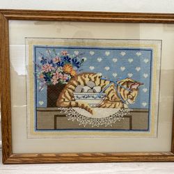 Framed Cross Stitch Tabby Cat