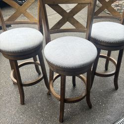 Dark Solid Wood Swivel Bar Stools - Set Of 3
