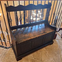 VINTAGE Black Wood Storage Bench with Spindle Back