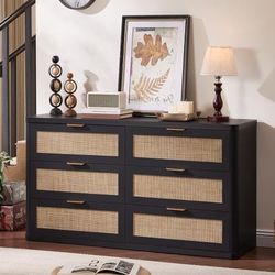 Rattan 6 Drawer Dresser for Bedroom, 54" Wide Black.