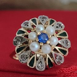 ⛔️RESERVED⛔️Size 4.5 Victorian Solid Yellow Gold Carnival Circus Pearl Blue Sapphire Enamel Art-Deco Ring! 👌🎁