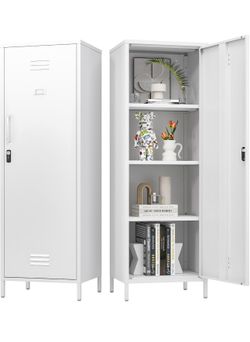 Metal Locker Cabinet, White Kitchen Pantry Storage Cabinet 59" Garage Steel Tool File Cabinets with Doors and Adjustable Shelves for Office,Garage bra