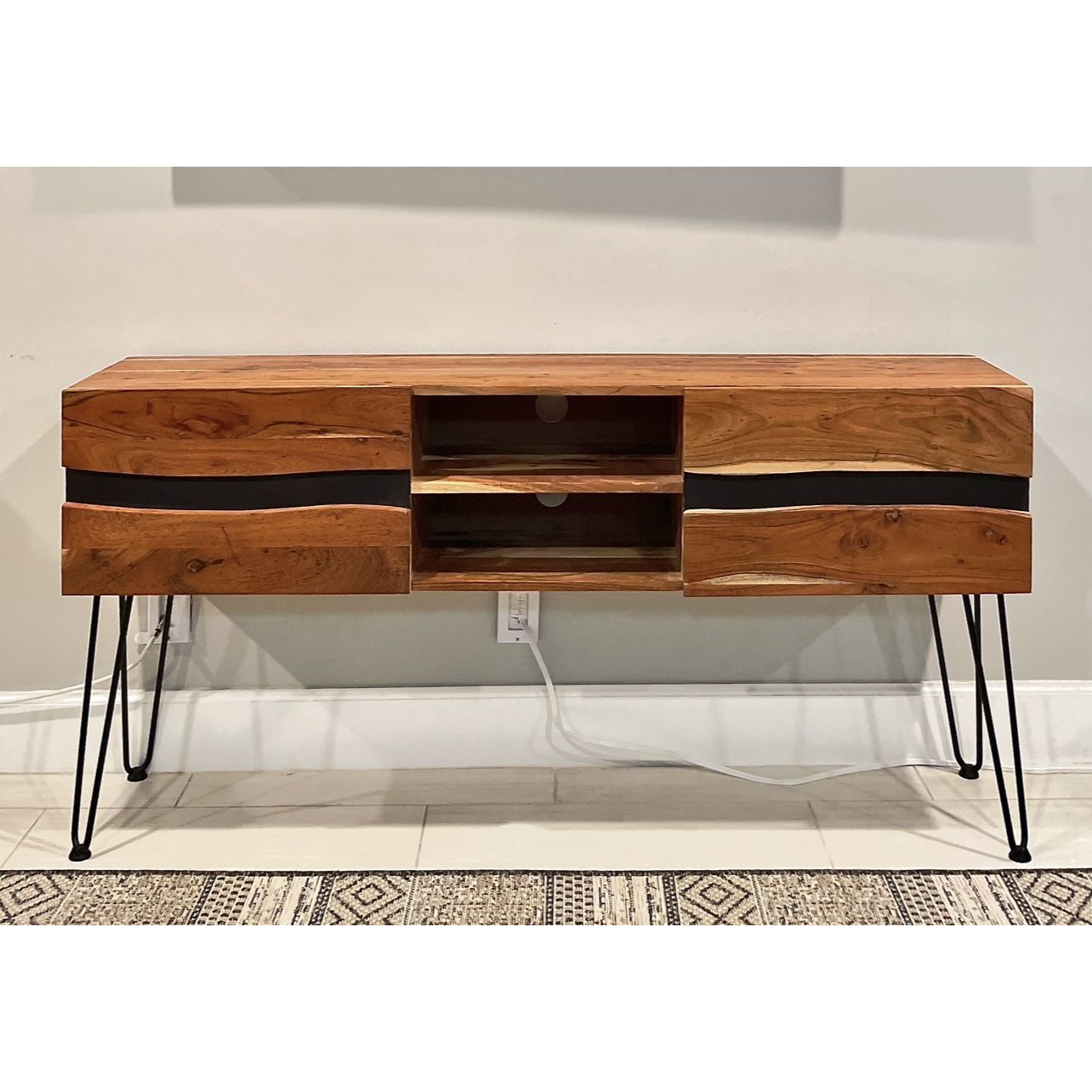 Acacia Wood sideboard console table media storage cabinet credenza Mid Century Modern MCM Boho