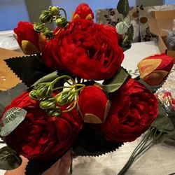 Artificial Peonies Flowers Bunch Of 4x - Red And Green, Long Stem - Brand New
