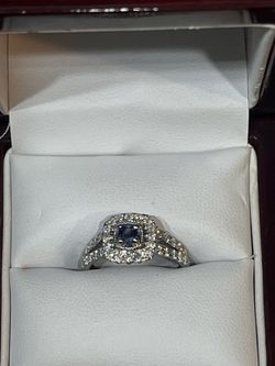 New 14K white gold .25ct sapphire diamond halo ring with original center .25ct diamond