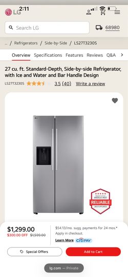 Side-by-side ice and water maker refrigerator. LG  27 cu. Ft. Side-by-side ice and water maker refrigerator.