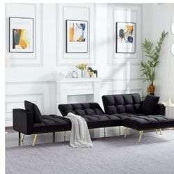 BSHTI Full Size Sectional Sleeper Sofa,Split Back,Black Velvet Upholstery,Reversible Ottoman,Convertible Sofa Bed,Perfect for Home,Office,and Guest Ro