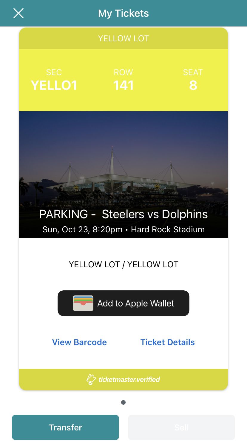 Miami Dolphins Vs Pittsburgh Steelers Yellow Parking Pass