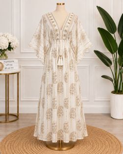 White Gold Print Tiered Maxi Dress  One size xs to L