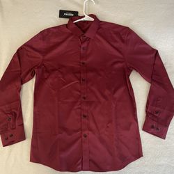 ZEROPA4 Men's Burgundy Long Sleeve Collared Dress Shirt Button Solid Woven