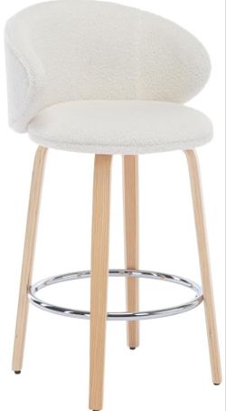  Modern Counter Stool Set of 1, 26 Inches Counter Height Bar Stool with Barrel Backrest and Wood Legs, Upholstered Boucle Kitchen Stools for Island, W