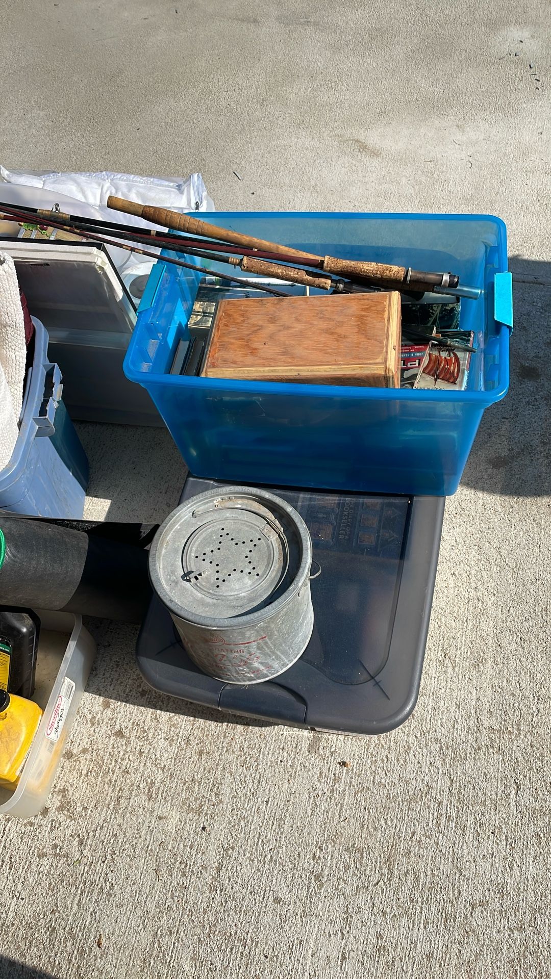 Miscellaneous tools and fishing poles, rugs