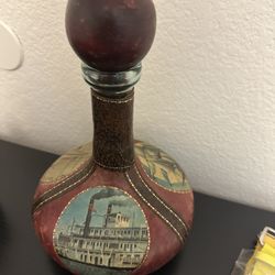 Vintage Ship Glass Decanter Genuine Leather Made In Italy