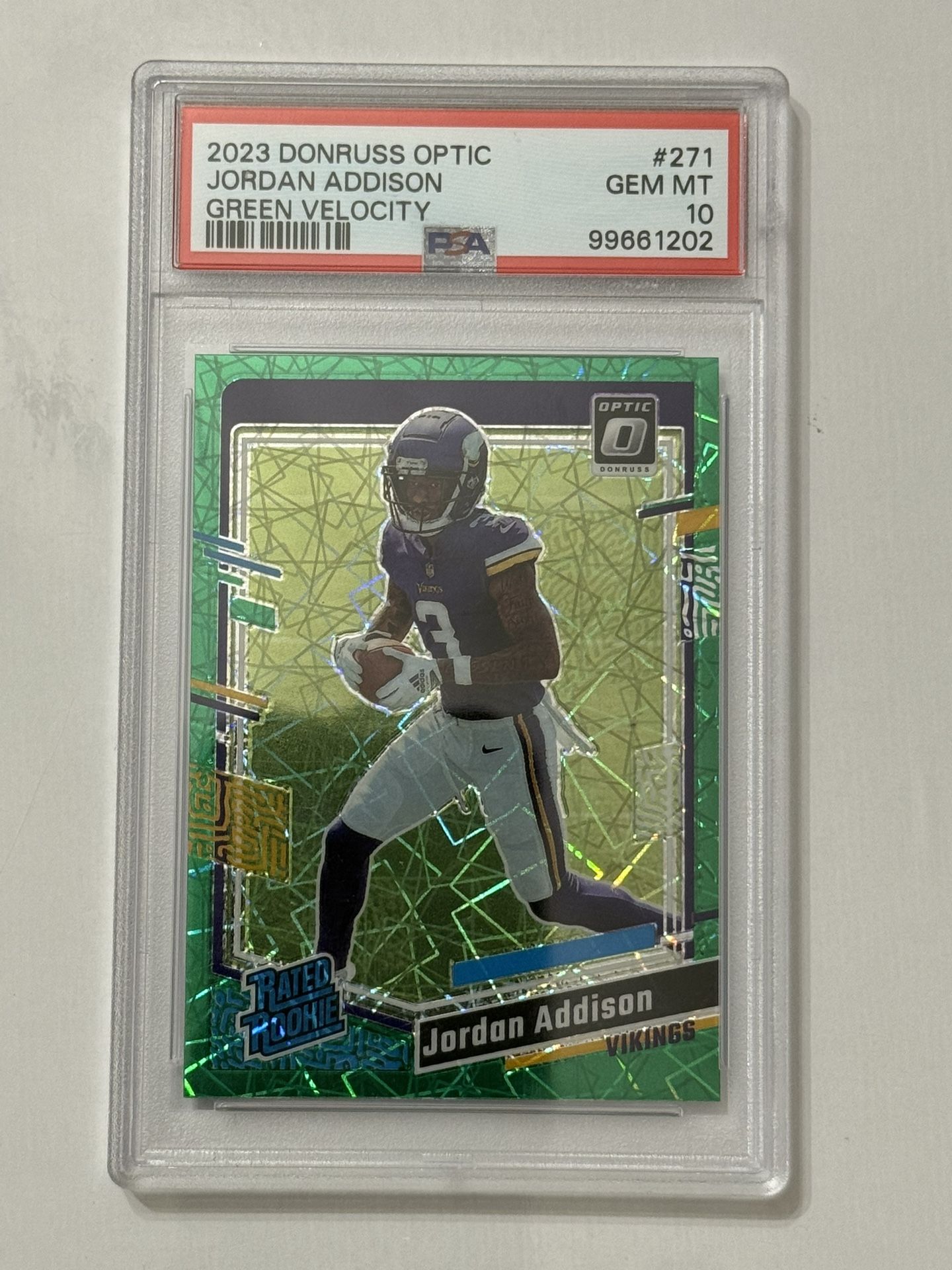 2023 Donruss Optic Green Velocity Prizm #271 Jordan Addison RC PSA GEM MT 10