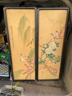 Two piece vintage Japanese silk paintings