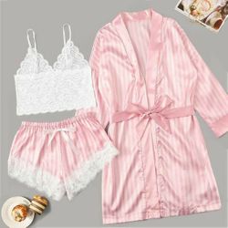Pink and White Lace Lingerie Bridal Robe Set Three Peice Outfit