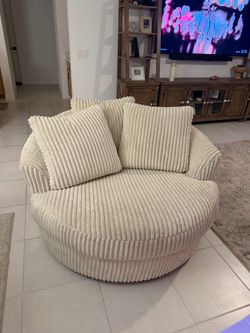 Cream corduroy Round Swivel Chair with Pillows