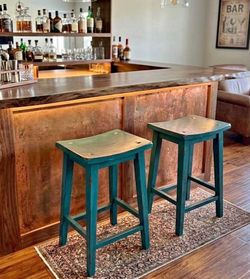 Set of 2 Pier 1 Imports Mason Backless Counter/ Bar Height Stools Saddle Seat-Distressed Teal Blue