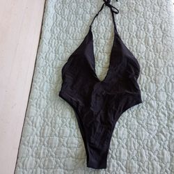 Shein Halter Plunging One Piece Swimsuit black Sz Small