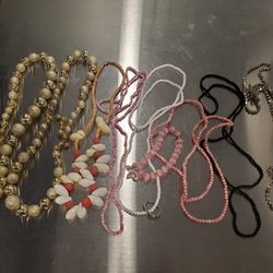 Lot of 1 Bracelet & 8 Necklaces Costume Jewelry Unisex Pink White Gold Bling Shells Unique Butterfly