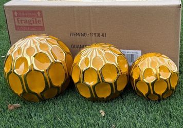 Gold Accented Abstract Modern Coastal Decorative Orbs Set of 3