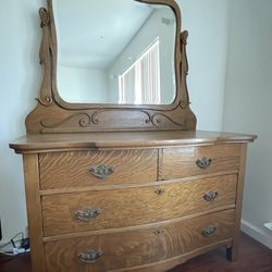 Antique Oak Wood Dresser W/ Mirror 