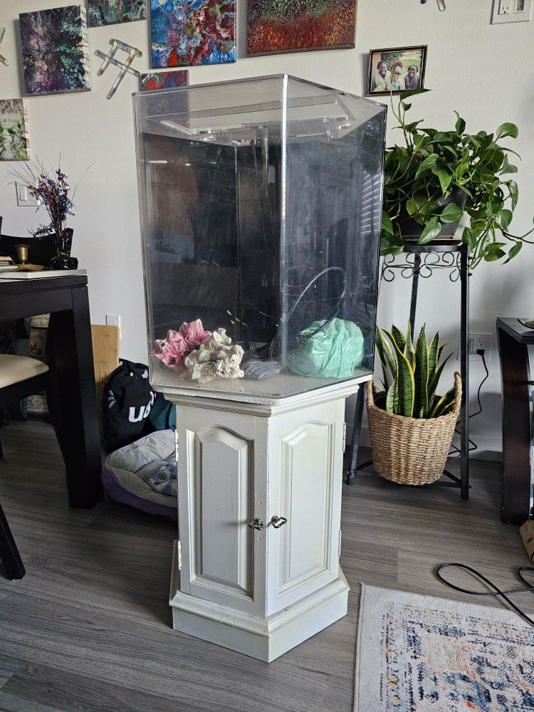 30 Gallon Hexagon Aquarium With Stand, Filter, Decorations, Black Sand, And Heater 42H×18W