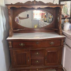 Eastlake / Victorian-style Hutch Buffet with a Mirror Gallery and Faux Marble Top