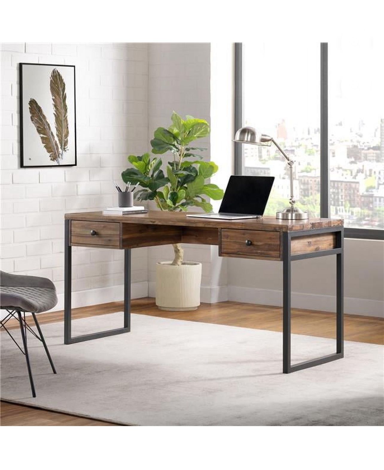 60 in W Rustic Wood and Metal Desk, New in Box