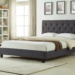Brand New In Box Full Size Dark Grey Linen Upholstered Bed With Mattress. Assembly Required, We Can Deliver, Cama Con Colchon.