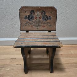 Vtg Childrens Chair Original Handmade Hand Painted Signed Kids Seat Birds Floral